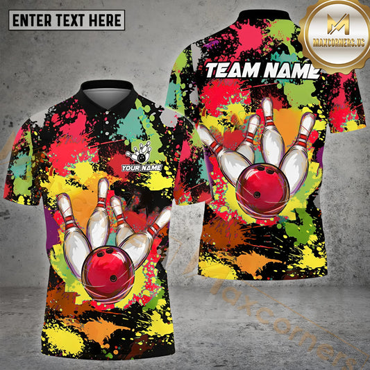 Maxcorners Particolored Bowling & Pins Pattern Multicolor Option Customized Name, Team Name 3D Polo Shirt (4 Colors)