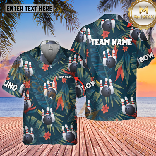 Maxcorners Tropical Pattern Bowling Ball Multicolor Customized Name, Team Name Hawaiian Shirt (4 Colors)