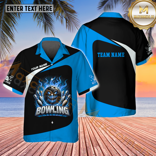 Maxcorners Fire Angry Bowling & Pins Multicolor Customized Name, Team Name Hawaiian Shirt (4 Colors)