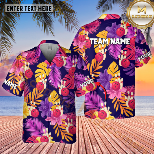 Maxcorners Flower Tropical Bowling Ball Multicolor Customized Name, Team Name Hawaiian Shirt (4 Colors)