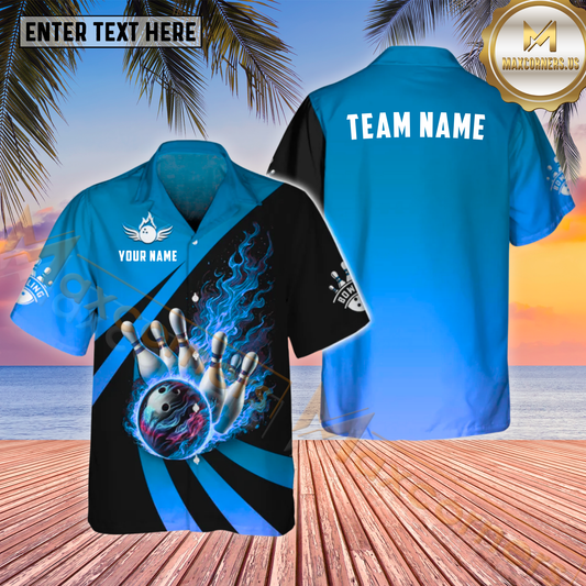 Maxcorners Flaming Bowling Multicolor Customized Name, Team Name Hawaiian Shirt (4 Colors)