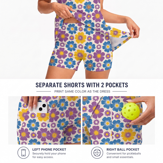 Maxcorners Pickleball Sleeveless Zipper Sports Dress Set Purple Blue Daisy Pattern
