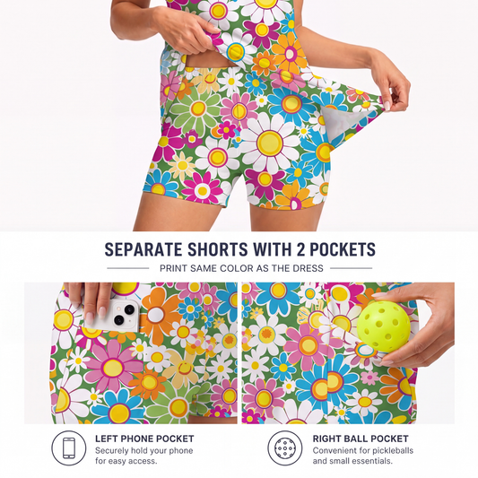 Maxcorners Pickleball Sleeveless Zipper Sports Dress Set Bright Retro Floral Pattern