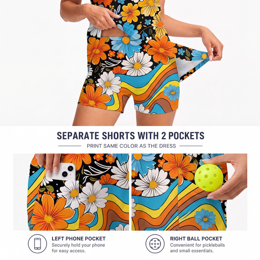 Maxcorners Pickleball Sleeveless Zipper Sports Dress Set Retro Floral Wave Art