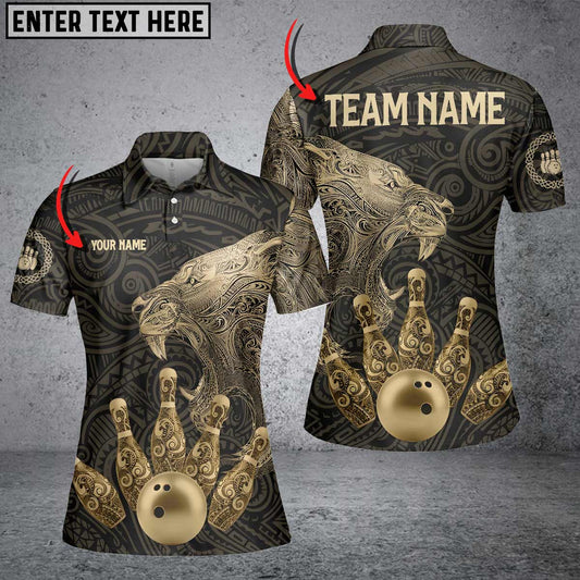 Maxcorners Black and Gold Lion Tribal Bowling Polo, 1/4 Zip Shirts For Men Custom Retro Bowling Team Jerseys