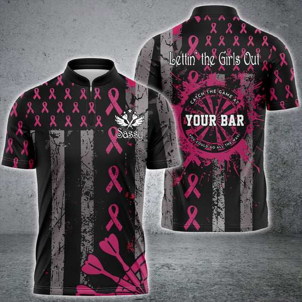 Maxcorners Personalized Grunge US Flag Pink Ribbon Patriotic Darts Shirt For Men, Breast Cancer Darts Jersey MT3107 For Jamie