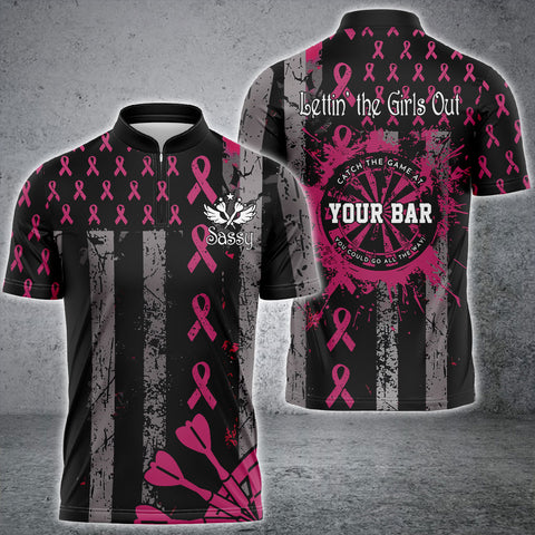 Maxcorners Personalized Grunge US Flag Pink Ribbon Patriotic Darts Shirt For Men, Breast Cancer Darts Jersey MT3107 For Jamie