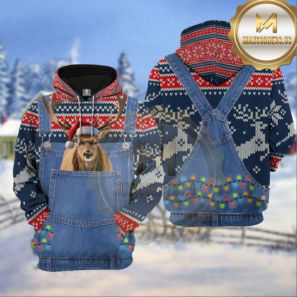 Maxcorners Elk Hunting Christmas Denim Pattern Deer Hunting Shirt 3D All Over Printed Clothes
