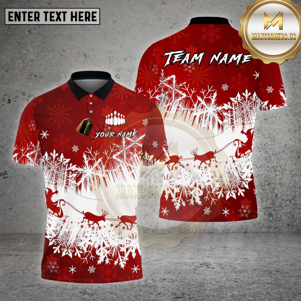 Maxcorners Christmas Bowling Snowflake Sleigh Red White Multicolor Options Personalized Name, Team Name Unisex 3D Shirt