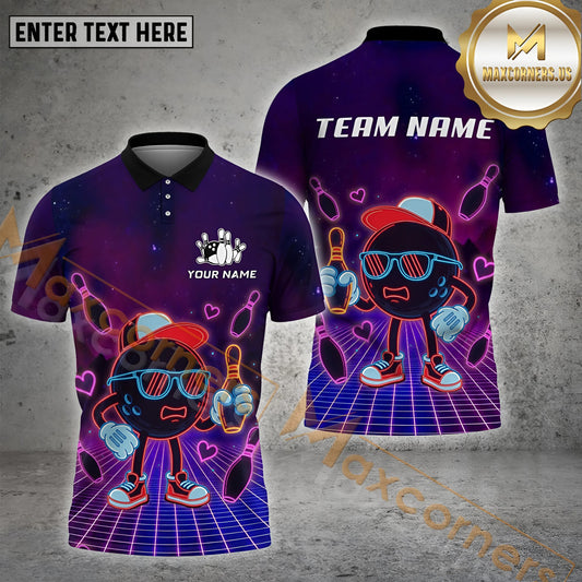Maxcorners Neon Cool Bowling Ball with Shades Multicolor Options Personalized Name, Team Name 3D Shirt (4 Colors)