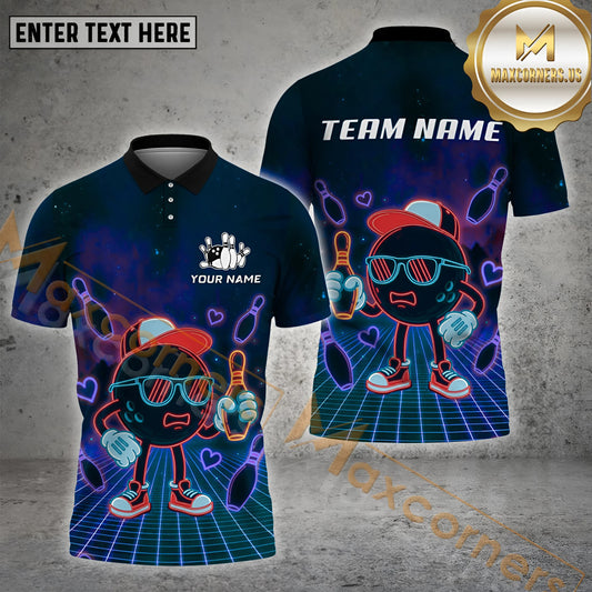 Maxcorners Neon Cool Bowling Ball with Shades Multicolor Options Personalized Name, Team Name 3D Shirt (4 Colors)