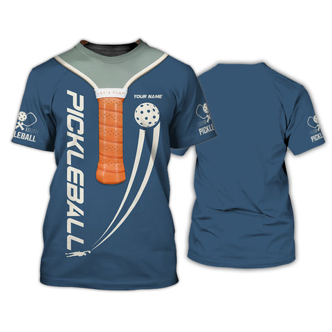 Maxcorners Custom Blue & Orange Pickleball Shirt – Paddle Grip Front Design with 'Let’s Play' Text – Stylish Personalized Tee for Pickleball Players