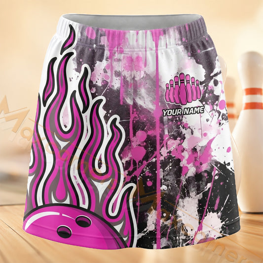 Maxcorners Bowling Pink Flame Grunge Personalized 3D Skort, Skirts With Shorts