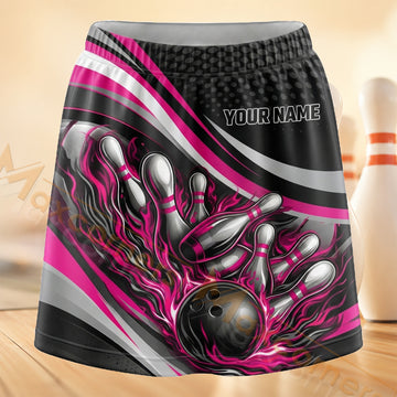 Maxcorners Bowling Pink Black Neon Strike Personalized 3D Skort, Skirts With Shorts
