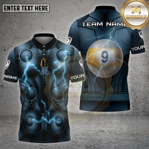 Maxcorners Billiard Shirt Thunder Armor Lightning Strike Blue Suit 9 Ball Design Multicolor Options Personalized Name, Team Name Unisex 3D Shirt