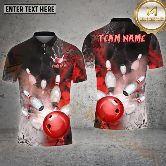 Maxcorners Bowling&Pins Fire Lava Smoke Pattern Multicolor Option Customized Name, Team Name 3D Polo Shirt (4 Colors)