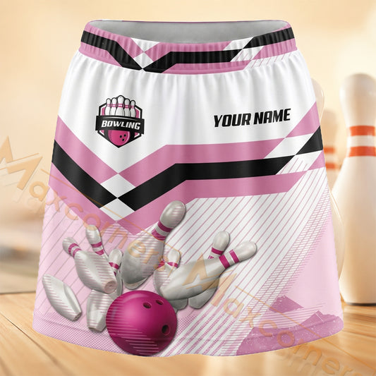 Maxcorners Bowling Pink Chevron Strike Personalized 3D Skort, Skirts With Shorts