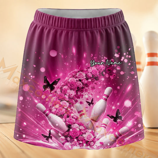 Maxcorners Bowling Pink Glitter Butterfly Personalized 3D Skort, Skirts With Shorts