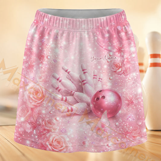 Maxcorners Bowling Blush Pink Glitter Personalized 3D Skort, Skirts With Shorts