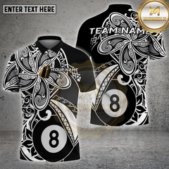 Maxcorners billiards shirt with tribal Maori tattoo pattern in black and white, large 8 ball graphic, personalized team name and name unisex 3D polo shirt