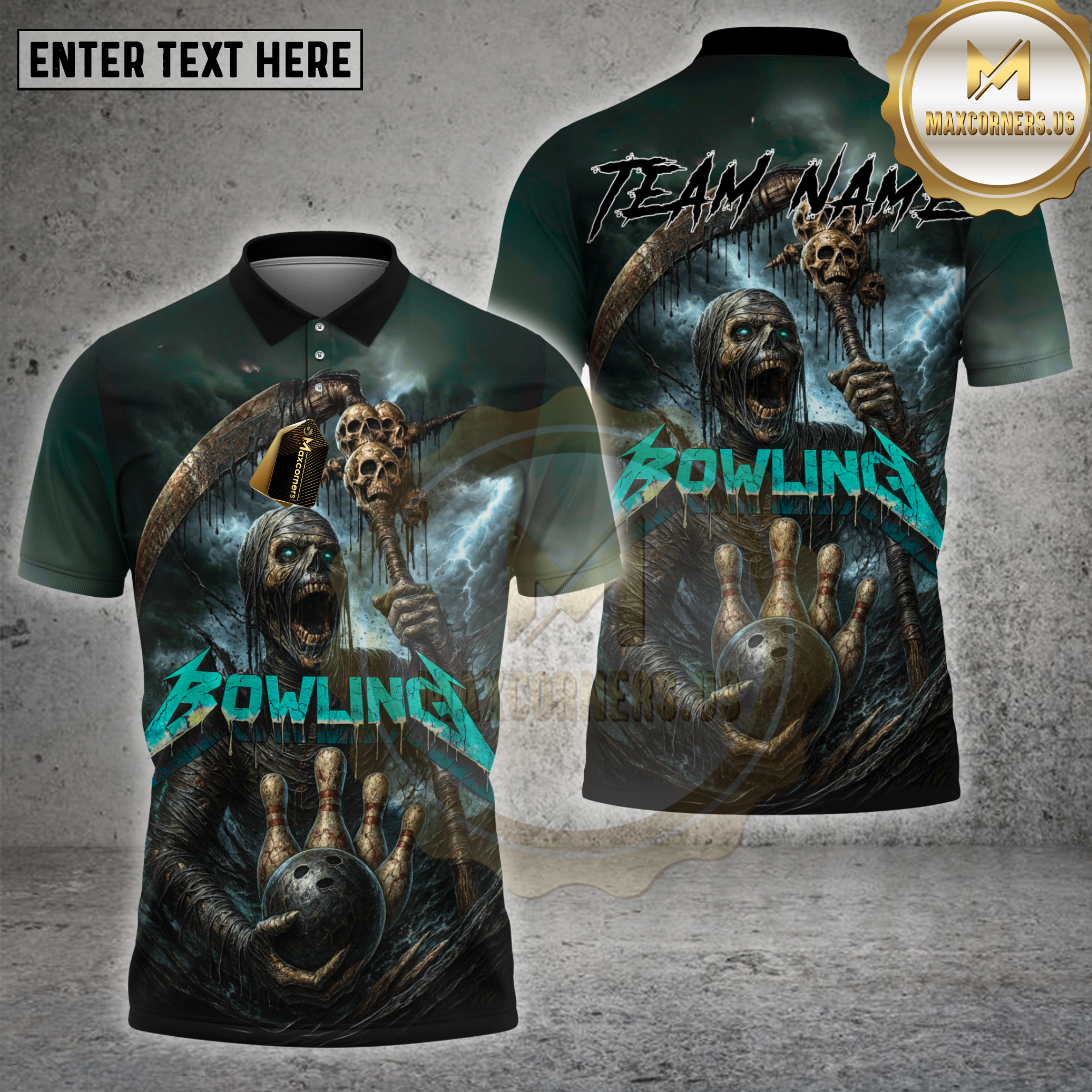 Maxcorners bowling shirt with dark grim reaper holding skull staff and bowling ball, Metallica-style Bowling text, stormy horror background, customizable team name and name 3D shirt