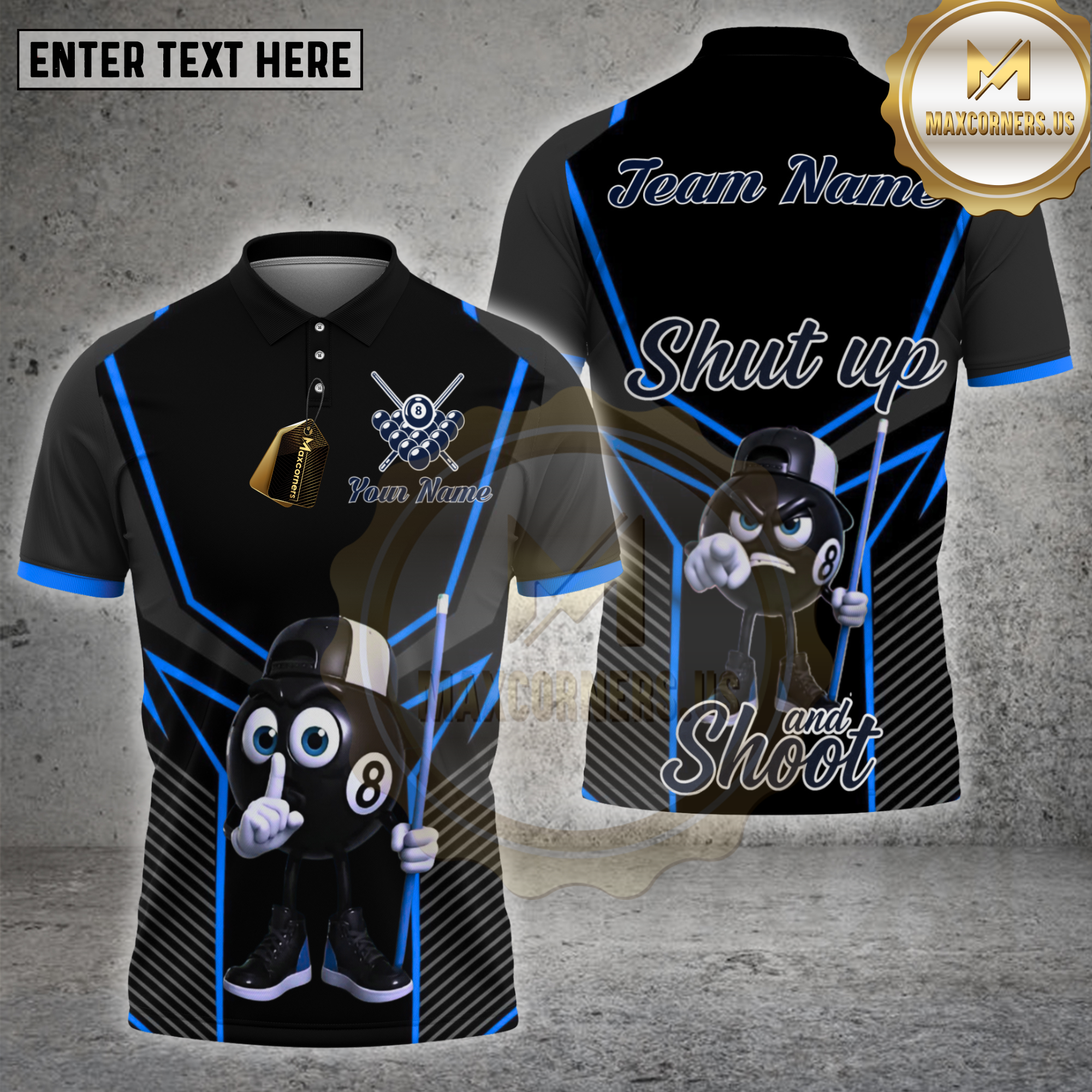 Maxcorners billiards shirt with 8 ball cartoon character holding cue stick, black and orange geometric design, slogan Shut Up and Shoot, personalized team name and name 3D polo shirt