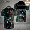 Maxcorners billiards shirt with 8 ball cartoon character holding cue stick, black and orange geometric design, slogan Shut Up and Shoot, personalized team name and name 3D polo shirt