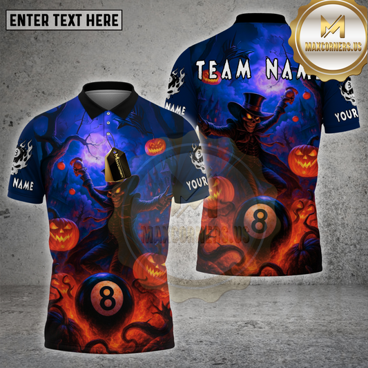 Maxcorners Billiards Shirt Scarecrow 8 Ball Halloween Pumpkin Multicolor Options Personalized Name, Team Name Unisex 3D Shirt (4 Colors)