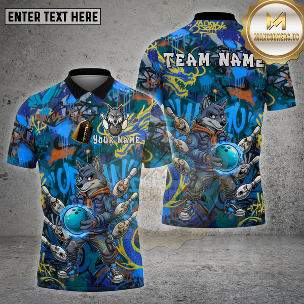 Maxcorners Bowling Shirt Graffiti Wolf Jetpack Pins Multioptions Personalized Name, Team Name Unisex 3D Shirt (4 Colors)