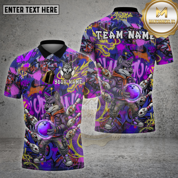 Maxcorners Bowling Shirt Graffiti Wolf Jetpack Pins Multioptions Personalized Name, Team Name Unisex 3D Shirt (4 Colors)
