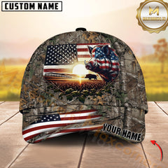 Maxcorners Hunting American Flag Boar Sunrise Farm Scene Camo Custom Name 3D Cap (6 Colors)