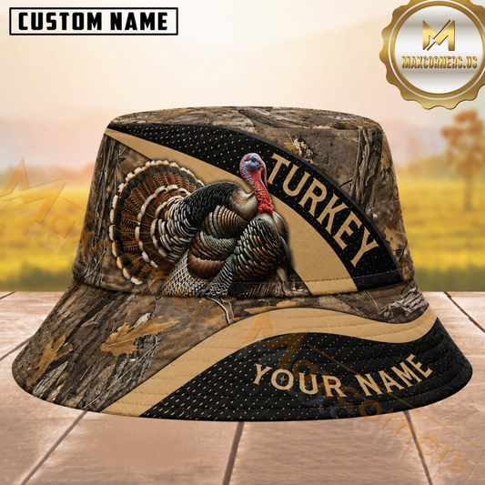 Maxcorners Turkey Hunting Brown Black Woodland Camouflage Personalized Name 3D Bucket Hat