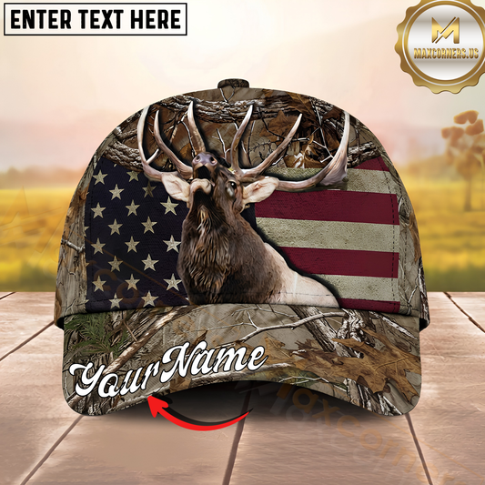 Maxcorners Hunting Bugling Elk American Flag Personalized Name 3D Cap