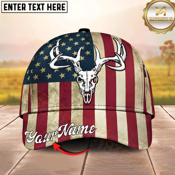 Maxcorners Hunting Deer Skull Patriotic American Flag Personalized Name 3D Cap