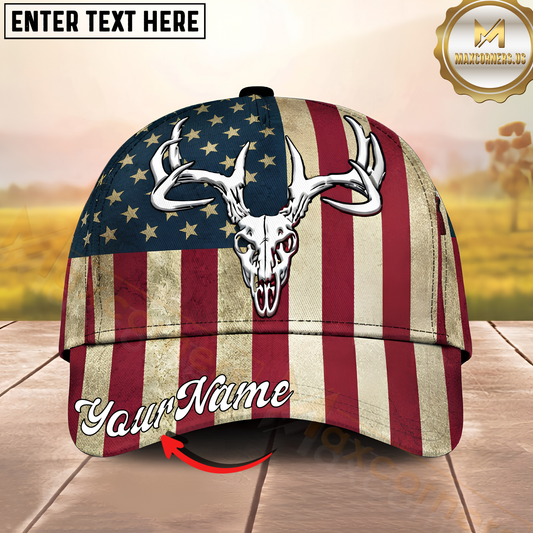 Maxcorners Hunting Deer Skull Patriotic American Flag Personalized Name 3D Cap