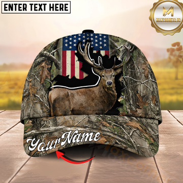 Maxcorners Hunting Elk American Flag Silhouette Personalized Name 3D Cap