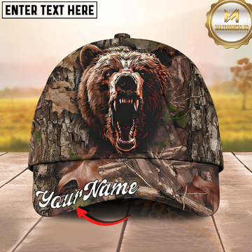 Maxcorners Hunting Grizzly Bear Roaring Woodland Personalized Name 3D Cap
