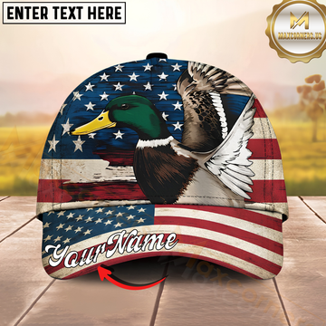 Maxcorners Hunting Mallard Patriotic USA Flag Personalized Name 3D Cap