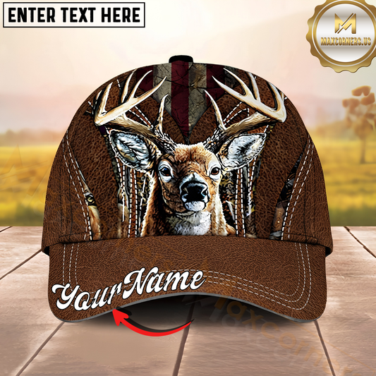 Maxcorners Hunting Whitetail Deer Vintage Leather Personalized Name 3D Cap