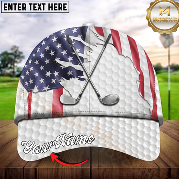 Maxcorners Golf Crossed Clubs American Flag Personalized Name 3D Cap
