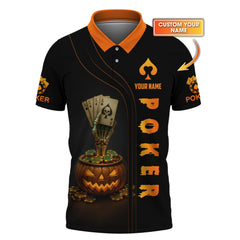 Maxcorners Poker Halloween Shirt, Funny Poker T-Shirt, Custom Name Skeleton Pumpkin Poker PolosLM1009
