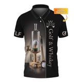 Maxcorners Custom Black & Gold Golf Shirt – Whiskey Dispenser Bottle with Golf Ball Design – Personalized Golf & Whiskey Apparel for Men