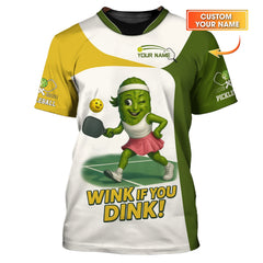 Maxcorners Funny Pickleball Shirt – Wink If You Dink Quote -Custom Name Tee with Cute Pickle Character