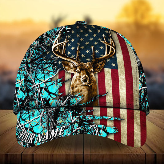 Maxcorners Vintage American Flag Deer Hunting Camo Pattern 3D Multicolor Personalized Cap