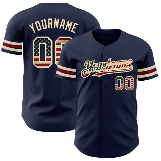 Maxcorners Custom Olive Vintage USA Flag Cream-Crimson Premium Salute To Service Baseball Jersey LM0210