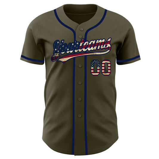 Maxcorners Custom Olive Vintage USA Flag-Cream Premium Salute To Service Baseball Jersey3 LM0210