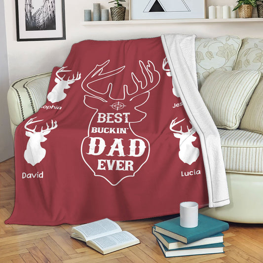 Maxcorners Personalized Hunting Dad Blanket, Custom Kid's Names Soft Cozy Sherpa Fleece Throw Blankets, Best Buckin Dad Ever, Gift for Dad, Grandpa | Red

 LM1711