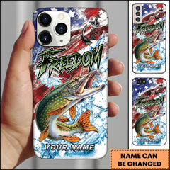 Maxcorners Pike Fishing Freedom American Flag Water Splash Art Personalized Name Phone Case