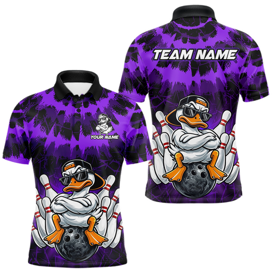 Custom Purple Funny Duck Bowling Jersey for Men Bowling Uniform Polo & 1/4 Zip Bowling Team Shirts LM1203