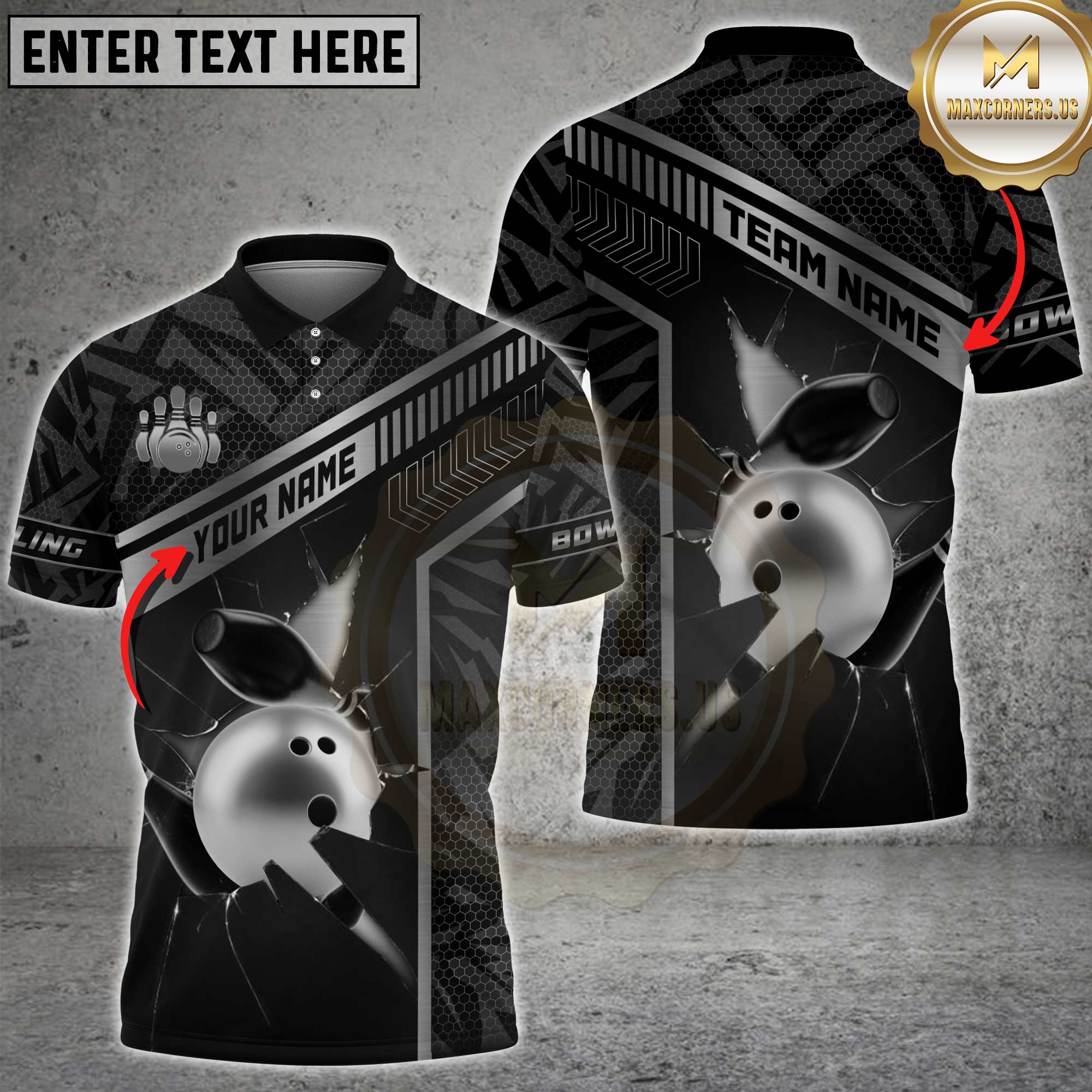 Maxcorners bowling shirt featuring gold strike line pattern, unisex 3D polo with custom name and team option
